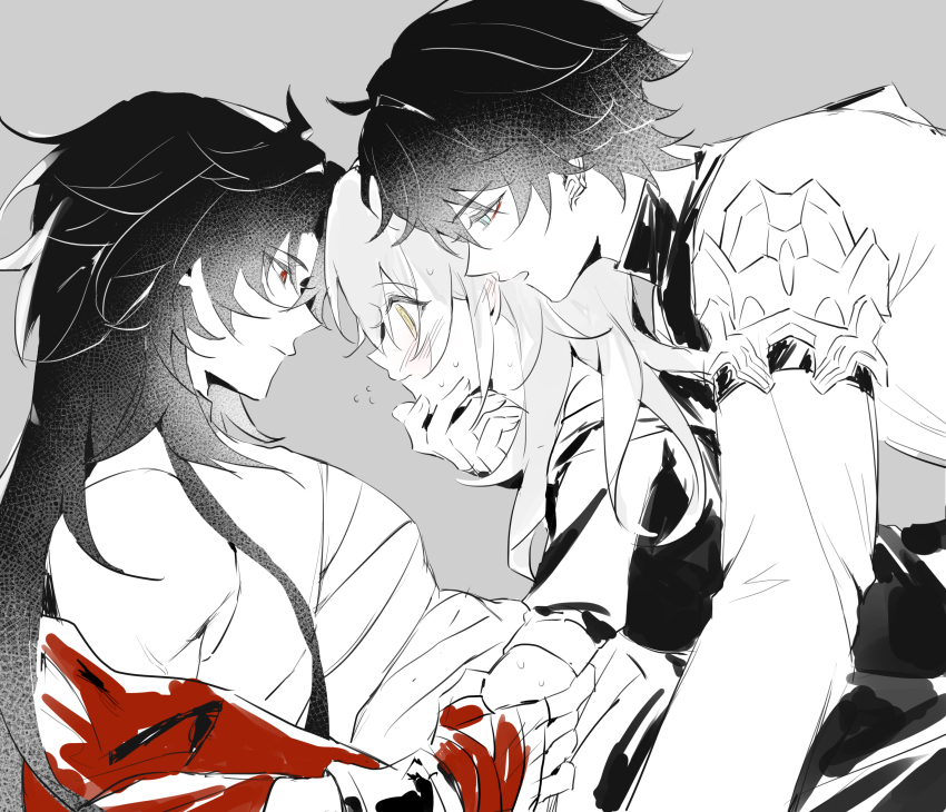 1girl, 2boys, absurdres, annann_nna, bandaged_chest, bandaged_hand, bandages, blade_(elation)_(honkai:_star_rail), blade_(honkai:_star_rail), blush, closed_mouth, commentary, dan_heng_(honkai:_star_rail), dan_heng_(hunt)_(honkai:_star_rail), grey_background, greyscale, hand_on_another's_chin, highres, honkai:_star_rail, honkai_(series), long_hair, looking_at_another, medium_hair, monochrome, multiple_boys, open_mouth, red_eyes, sandwiched, short_hair, stelle_(honkai:_star_rail), sweat, sweatdrop, untranslatable_commentary, trailblazer_(honkai:_star_rail), yellow_eyes
