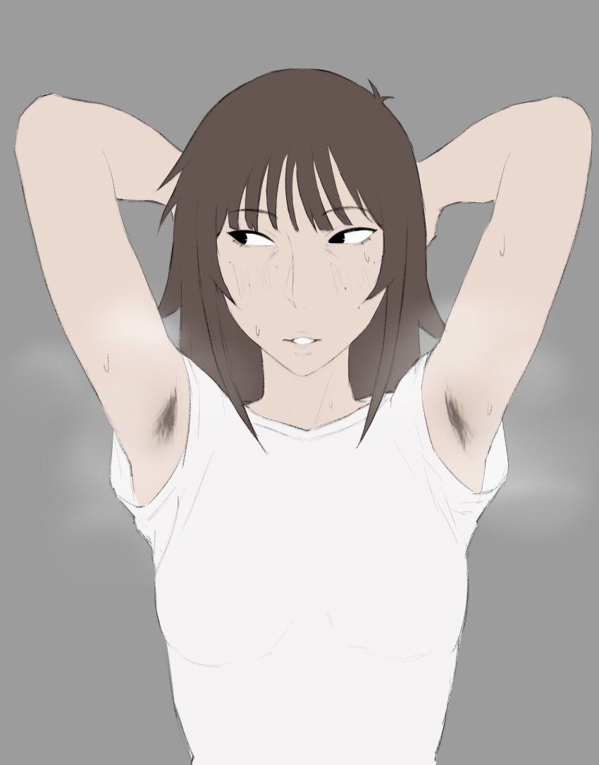 1girl, armpit_hair, arms_behind_head, black_eyes, blunt_bangs, borrowed_character, brown_hair, commentary