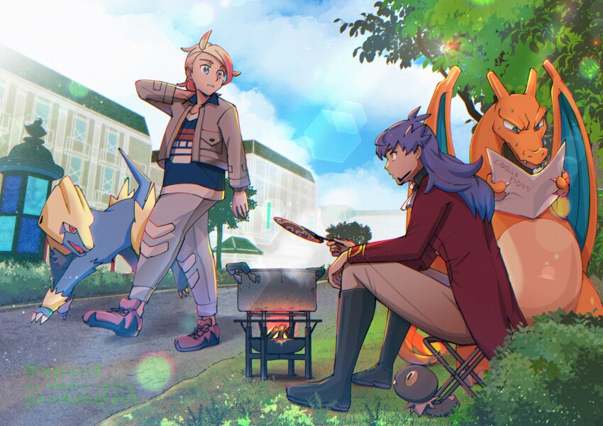 2boys, absurdres, ascot, black_boots, blonde_hair, boots, bush, charizard