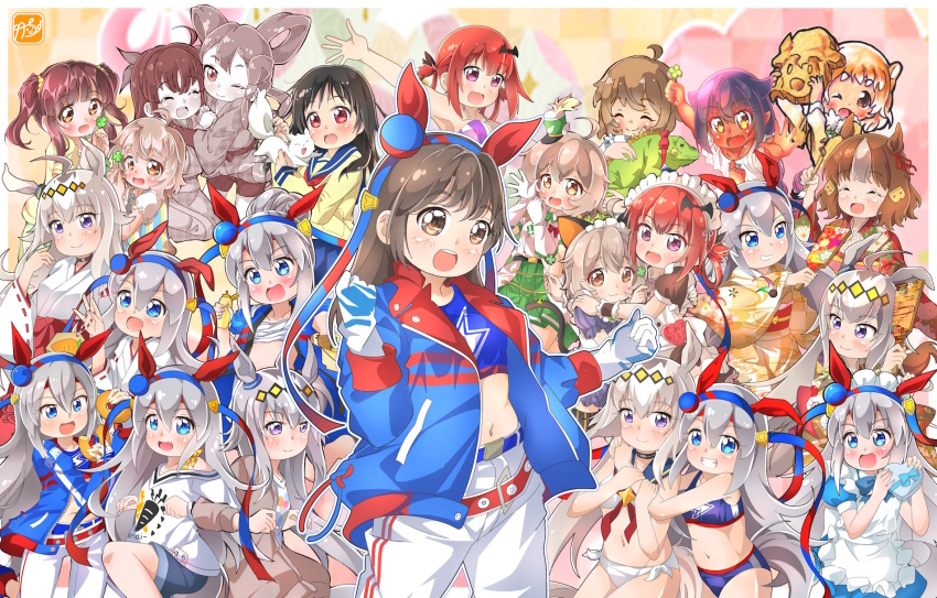 6+girls, animal_ears, belno_light_(umamusume), black-tailed_prairie_dog_(kemono_friends), black_hair, blonde_hair, blue_eyes, blush