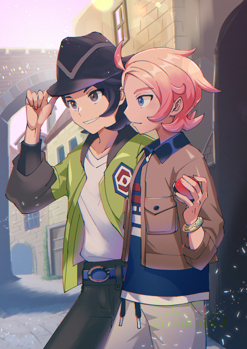 2boys, absurdres, adjusting_clothes, adjusting_headwear, black_hair, black_hat, black_pants, blue_eyes