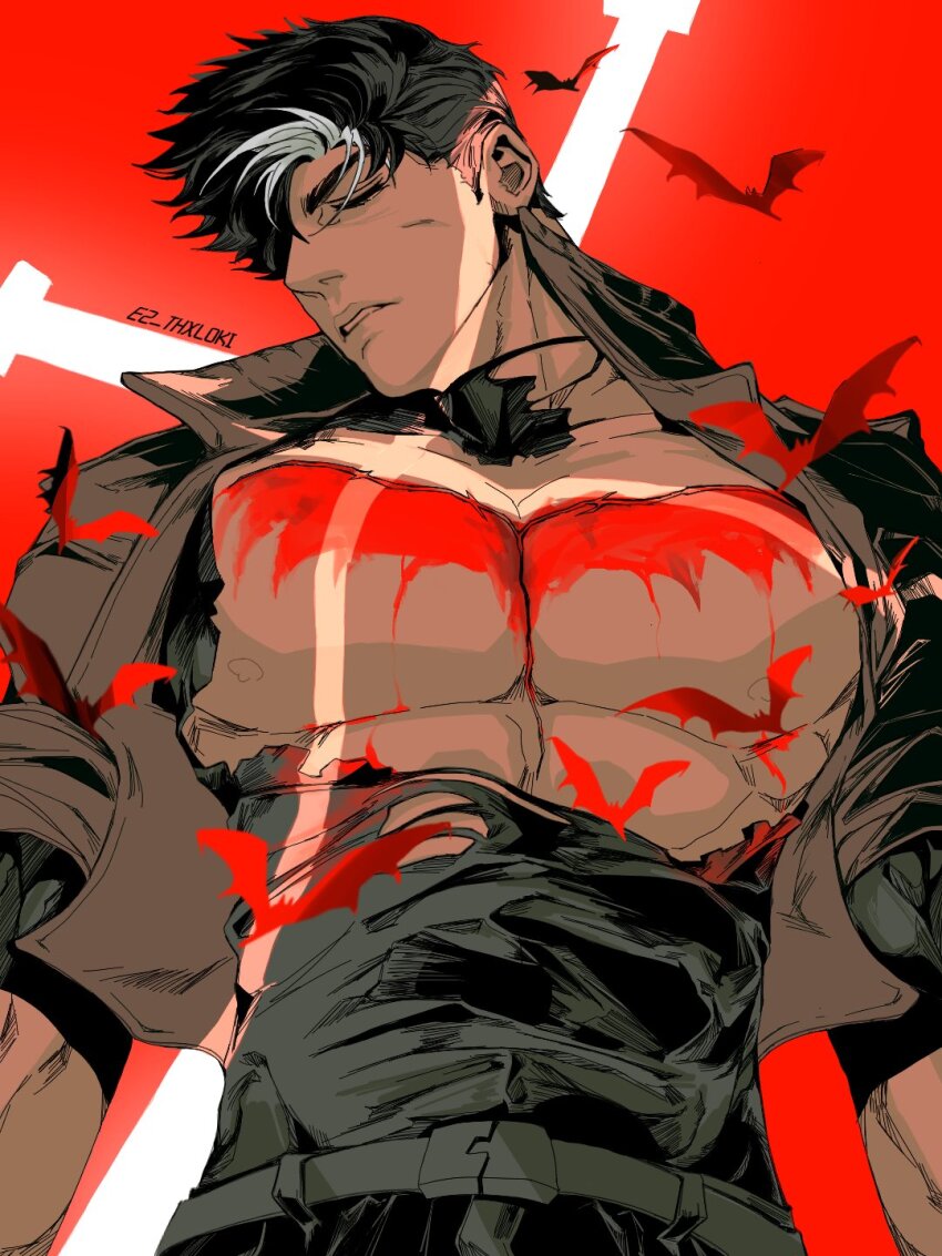 1boy, batman_(series), batman_symbol, belt, black_bodysuit, black_hair, bodysuit, brown_jacket