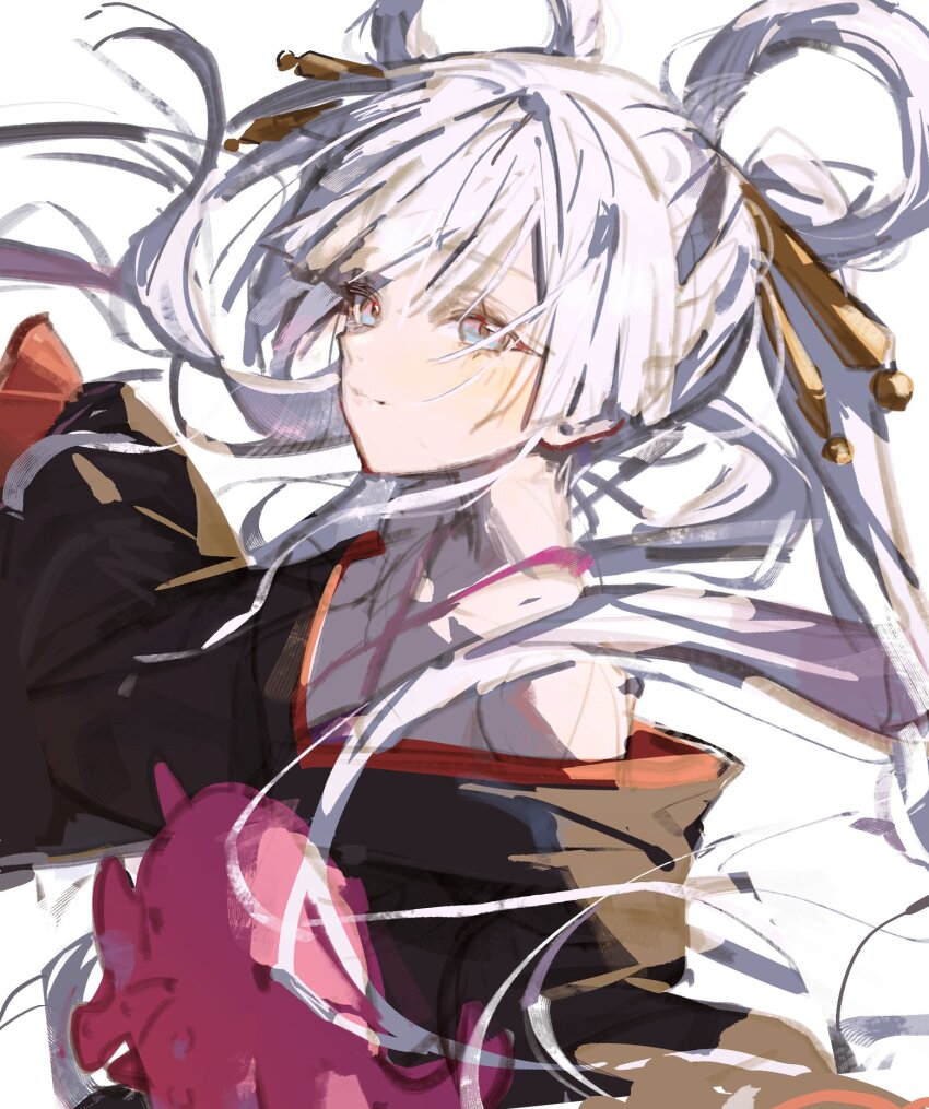 1girl, bare_shoulders, black_kimono, blue_eyes, cho_kaguya-hime!, closed_mouth, floating_hair, hair_ornament