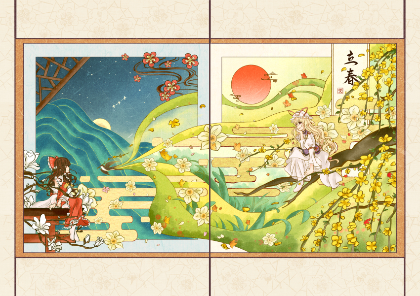 2girls, absurdres, ascot, bird, blonde_hair, bow, brown_hair, chinese_commentary, commentary_request, detached_sleeves, dress, egasumi, emloste, eye_contact, flower, flower_request, frilled_bow, frilled_hair_tubes, frills, gap_(touhou), hair_bow, hair_tubes, hakurei_reimu, hat, hat_ribbon, highres, long_hair, long_sleeves, looking_at_another, mob_cap, multiple_girls, purple_eyes, purple_tabard, red_bow, red_eyes, red_flower, red_ribbon, red_skirt, ribbon, ribbon-trimmed_sleeves, ribbon_trim, sitting, sitting_on_torii, skirt, skirt_set, smile, split_theme, sun, tabard, torii, touhou, translation_request, white_dress, white_flower, white_hat, wide_sleeves, yakumo_yukari, yellow_ascot, yellow_flower