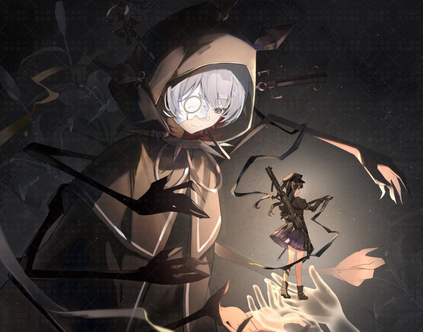 2girls, artist_request, black_background, black_cloak, black_hair, black_hat, cloak, closed_mouth