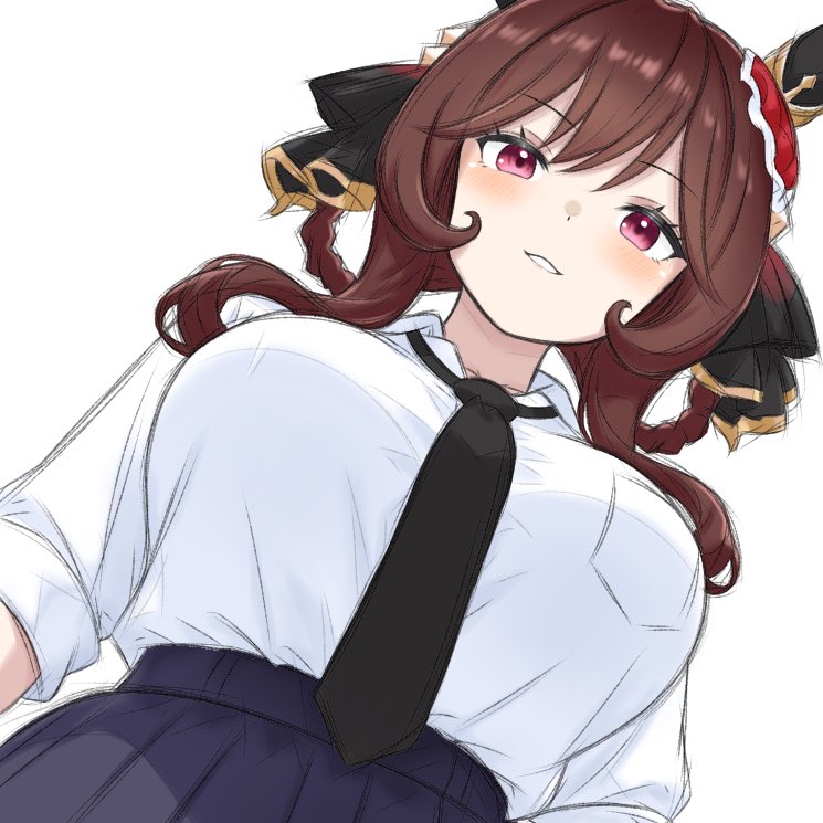 1girl, animal_ears, black_necktie, blue_skirt, blush, braid, braided_bangs, breasts, brown_hair, collared_shirt, commentary_request, ear_covers, from_below, gentildonna_(umamusume), heart_ear_ornament, horse_ears, horse_girl, large_breasts, looking_at_viewer, nanasedayoxd, necktie, pleated_skirt, red_eyes, shirt, simple_background, skirt, smile, solo, umamusume, white_background