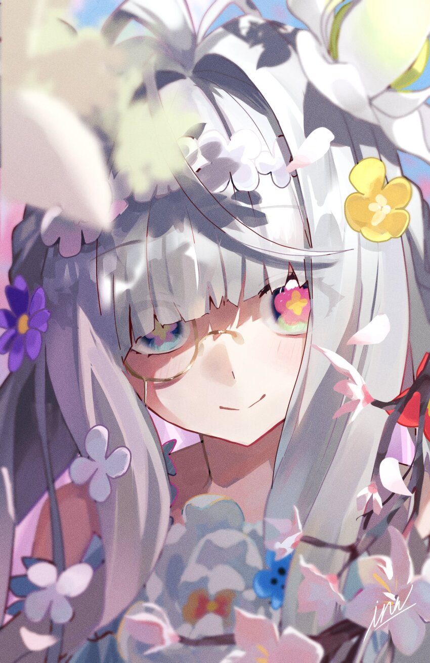 1girl, absurdres, cherry_blossoms, commentary_request, fate/grand_order, fate_(series), flora_(fate), flower, flower-shaped_pupils, grey_hair, hair_flower, hair_ornament, highres, inubangarou, long_hair, monocle, petals, portrait, signature, smile, symbol-shaped_pupils