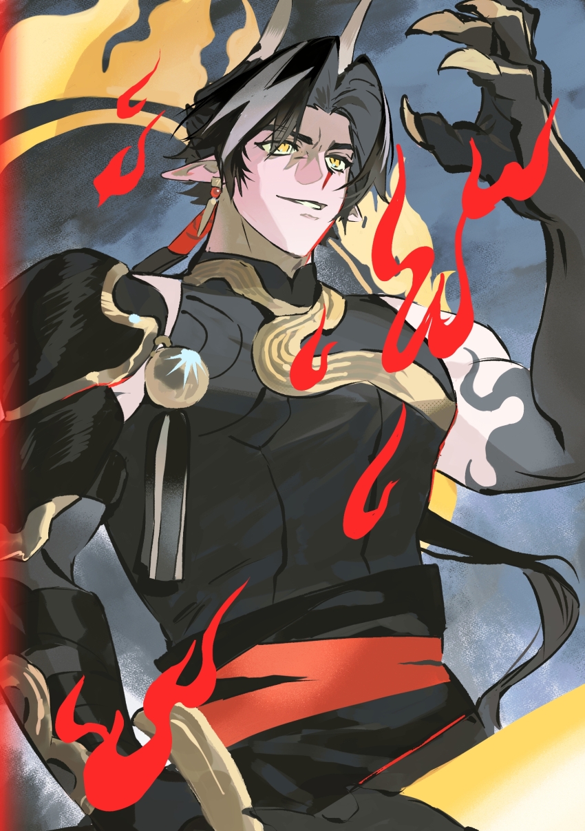 1boy, absurdres, arknights, arm_armor, arm_tattoo, arm_up, belt, black_hair