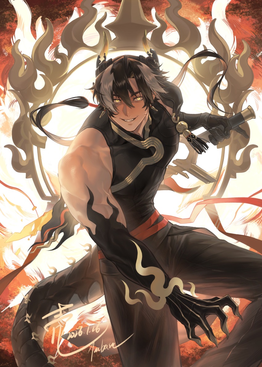 1boy, absurdres, arknights, arm_tattoo, belt, black_hair, black_pants, black_shirt