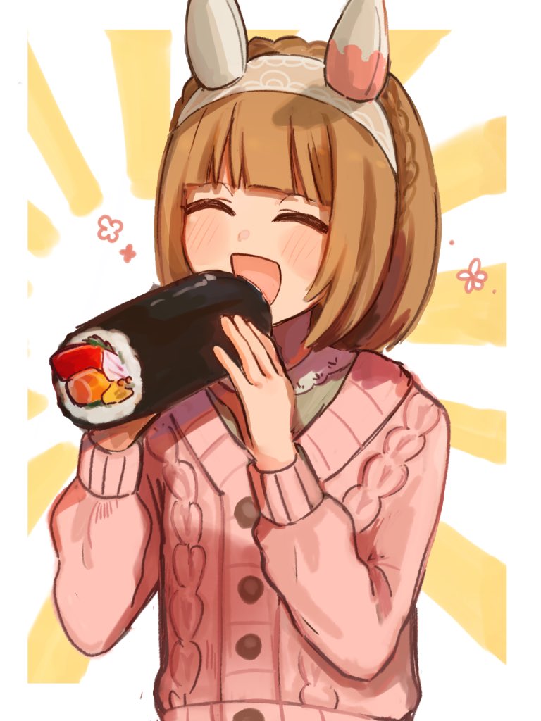 1girl, alternate_costume, animal_ears, braid, breasts, brown_hair, casual, closed_eyes