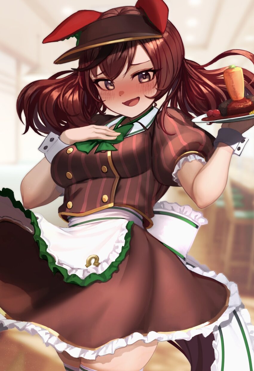 1girl, animal_ears, apron, blurry, blurry_background, blush, bow, bowtie, breasts, brown_eyes, brown_hair, brown_shirt, brown_skirt, carrot_hamburger_steak, coco's, ear_covers, embarrassed, employee_uniform, frilled_apron, frilled_skirt, frilled_sleeves, frills, green_bow, green_bowtie, hand_on_own_chest, highres, holding, holding_tray, horse_ears, horse_girl, horse_tail, hoshikuzu_kizuna_(kizuna_stardust), long_hair, looking_at_viewer, medium_breasts, multicolored_hair, nice_nature_(umamusume), nose_blush, open_mouth, puffy_short_sleeves, puffy_sleeves, restaurant, shirt, short_sleeves, skirt, smile, solo, streaked_hair, striped_clothes, striped_shirt, tail, thighhighs, thighs, tray, twintails, umamusume, vertical-striped_clothes, vertical-striped_shirt, visor_cap, waist_apron, white_apron, white_thighhighs