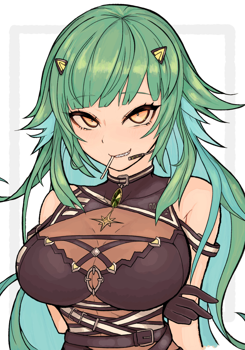 1girl, 27_27tsk, bare_shoulders, belt, black_gloves, black_shirt, breasts, cleavage