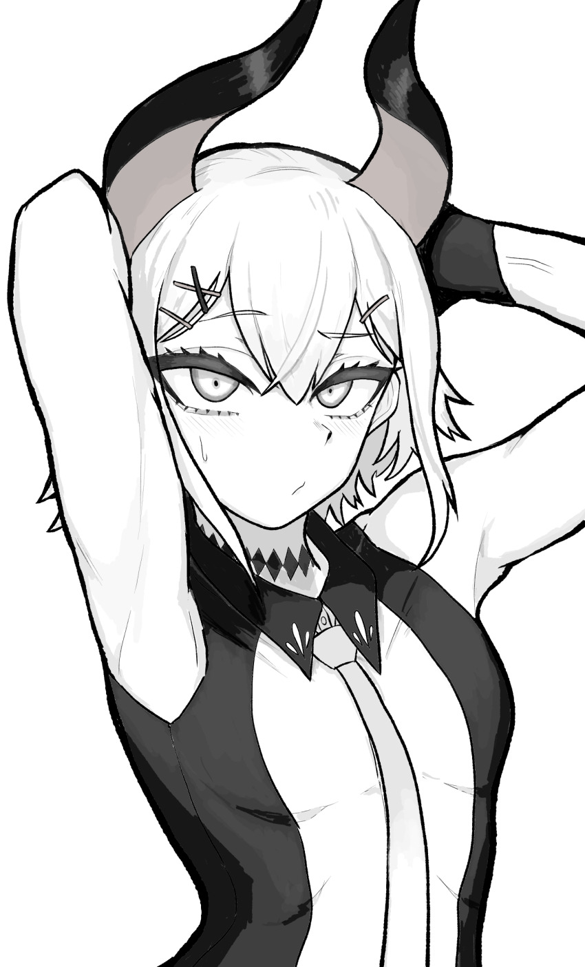 1girl, 27_27tsk, armpits, bare_shoulders, black_shirt, collared_shirt, commentary_request, demon_girl, demon_horns, hair_ornament, highres, horns, levi_elipha, levi_elipha_(1st_costume), looking_at_viewer, necktie, nijisanji, presenting_armpit, shirt, short_hair, sleeveless, sleeveless_shirt, solo, two-tone_shirt, virtual_youtuber, white_hair, white_shirt, wing_collar, x_hair_ornament