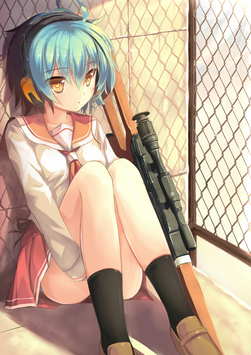 1girl, aqua_hair, black_legwear, blue_hair, chain-link_fence, dragunov_svd, dreamlight2000, ear_protection