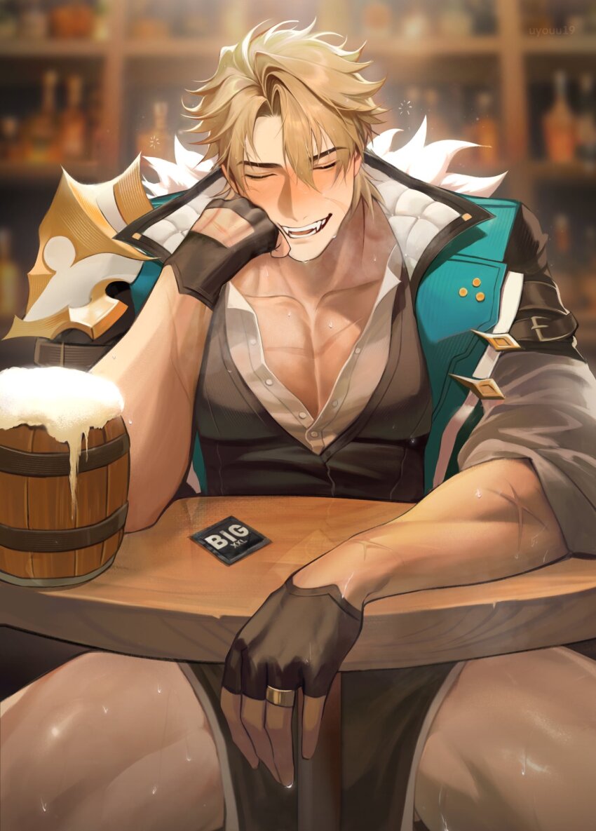 1boy, alcohol, armor, beer, black_gloves, black_shorts, black_vest, blonde_hair, blurry, blurry_background, blush, closed_eyes, coat, collarbone, collared_shirt, commentary, condom, cross_scar, drunk, fangs, fingerless_gloves, fur-trimmed_coat, fur_trim, genshin_impact, gloves, green_coat, half_gloves, head_rest, highres, male_focus, nipple_bar, nipple_piercing, pauldrons, pectoral_cleavage, pectorals, piercing, scar, scar_on_arm, scar_on_chest, scar_on_face, shirt, short_hair, shorts, shoulder_armor, single_pauldron, sitting, solo, sweat, table, tankard, teeth, used_condom, uyouu19, varka_(genshin_impact), vest, white_shirt, wooden_table