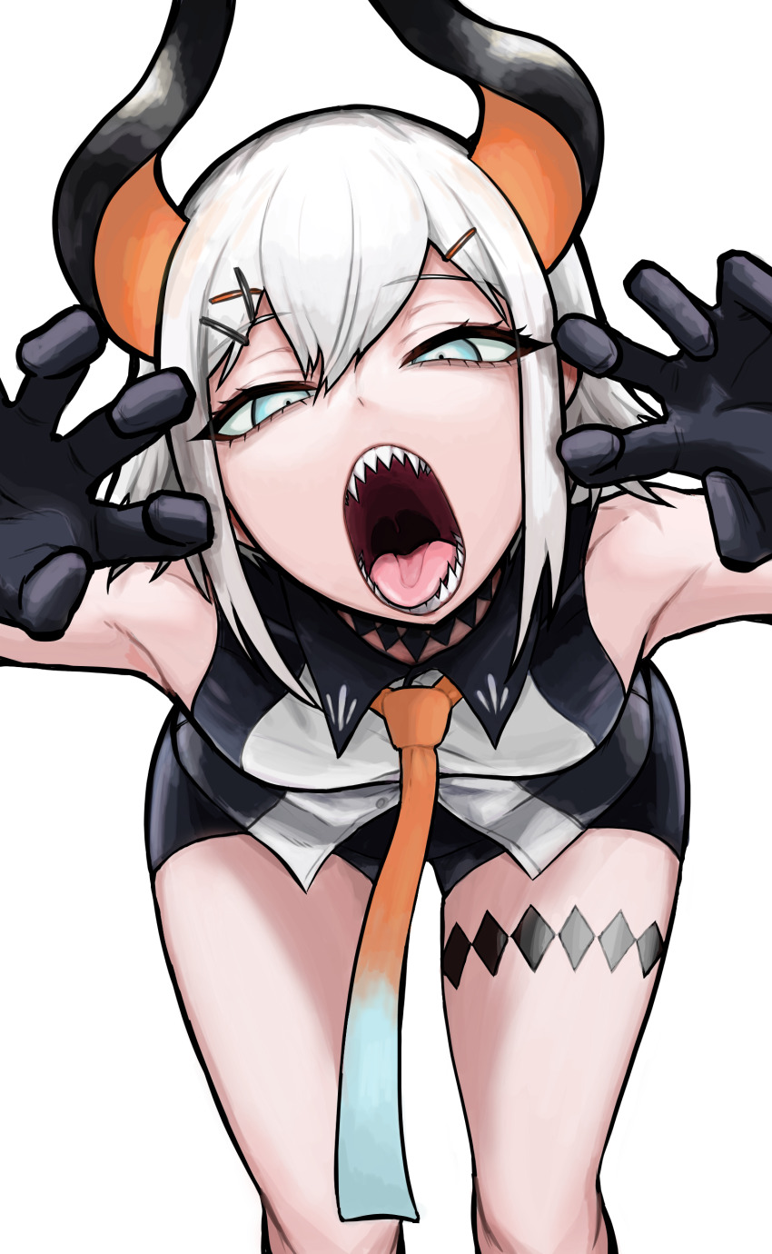 1girl, 27_27tsk, absurdres, bare_shoulders, bent_over, black_gloves, black_shirt, blue_eyes