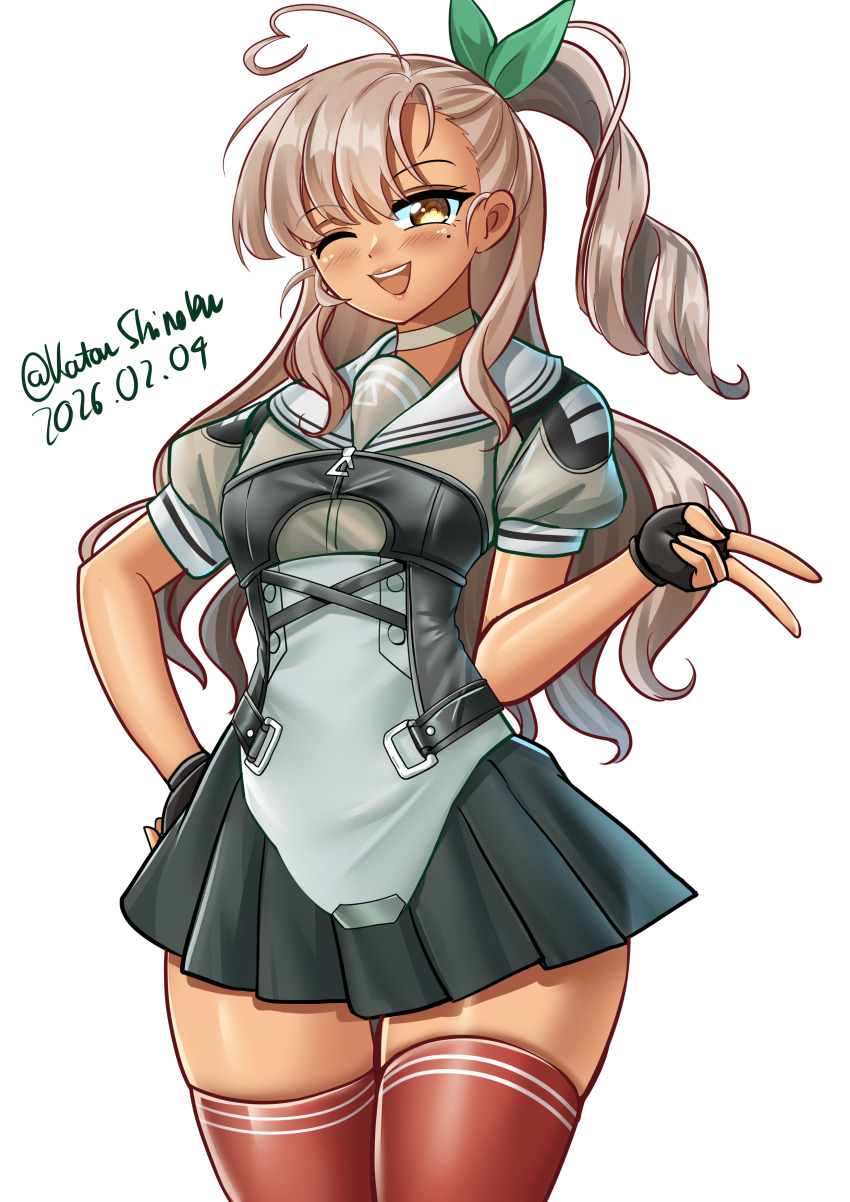 1girl, absurdres, ahoge, black_gloves, black_skirt, brown_eyes, fingerless_gloves, gloves