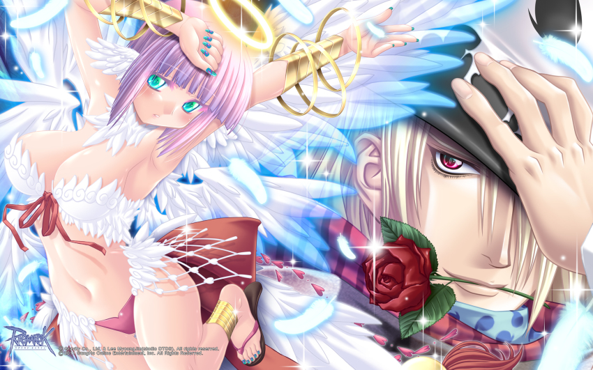 1boy, 1girl, angel, ankle_cuffs, anklet, armpits, blonde_hair, blue_nails, blush, bra, breasts, cleavage, couple, feet, flower, front-tie_top, green_eyes, green_nails, halo, hat, hetero, highres, ishihara_masumi, jewelry, large_breasts, lingerie, lipstick, lots_of_jewelry, makeup, minstrel_(ragnarok_online), nail_polish, navel, purple_hair, ragnarok_online, red_eyes, red_flower, red_rose, ribbon, rose, sandals, scarf, toes, underwear, wanderer_(ragnarok_online), wings
