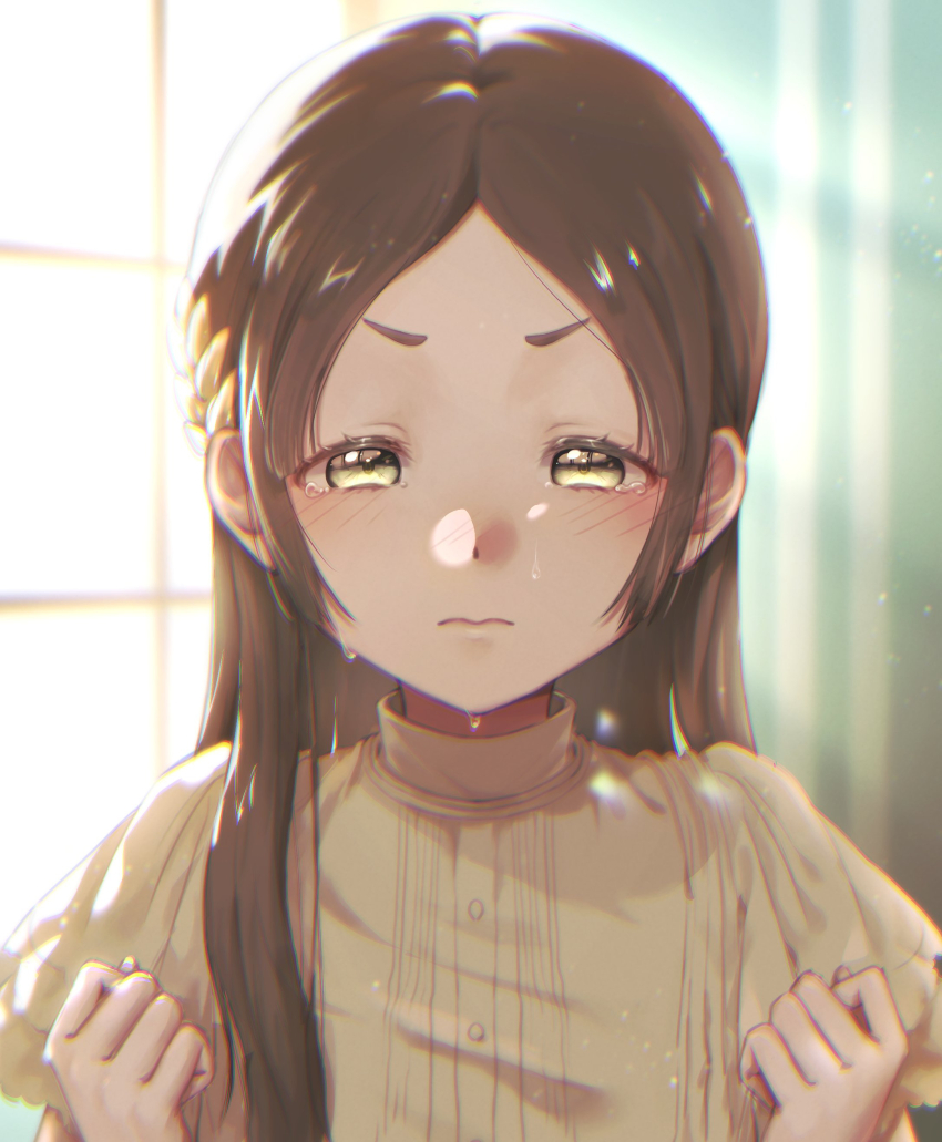 1girl, absurdres, backlighting, blush, brown_eyes, brown_hair, closed_mouth, collared_shirt, commentary_request, crying, crying_with_eyes_open, gakuen_idolmaster, hair_ornament, hands_up, highres, idolmaster, kuramoto_china, kuro_(hungry_0131), laurels, leaf_hair_ornament, long_hair, looking_at_viewer, nose_blush, parted_bangs, shirt, short_eyebrows, short_sleeves, solo, tears, upper_body, wavy_mouth, white_shirt, window