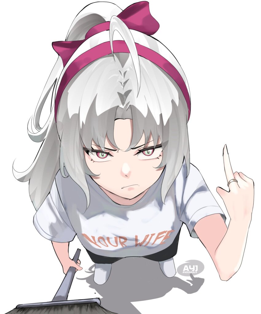 1girl, ahoge, alternate_costume, alternate_hairstyle, artist_logo, ayj_(ayoungart), black_shorts, bow, broom, carlotta_(wuthering_waves), closed_mouth, clothes_writing, commentary, english_commentary, from_above, green_eyes, grey_hair, hair_bow, hairband, highres, holding, holding_broom, jewelry, logo, long_hair, looking_at_viewer, looking_up, parted_bangs, petite, pink_bow, pink_hairband, ring, ring_finger_raised, shirt, shorts, socks, solo, white_shirt, white_socks, wuthering_waves