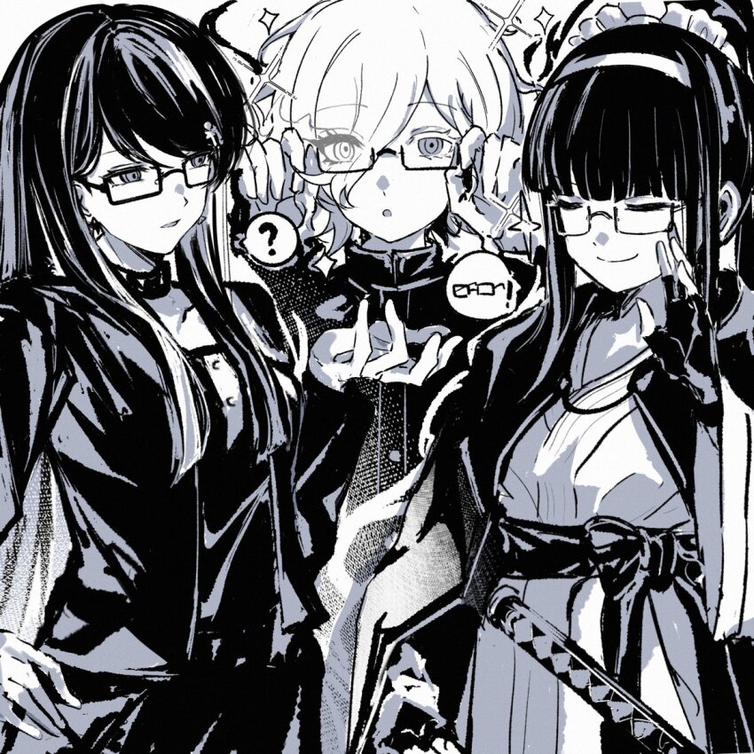 1boy, 2girls, ?, adjusting_eyewear, bespectacled, cape, collar, commentary
