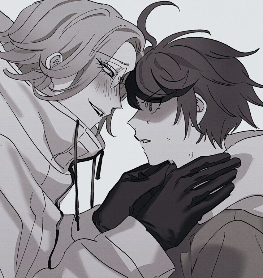 2boys, ahoge, aotsuki_eito, blush, commentary_request, dorodorodo412, drawstring, face-to-face