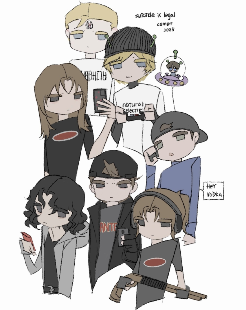 1girl, 2025, 6+boys, :|, adam_lanza, animification, annotation_request, backwards_hat