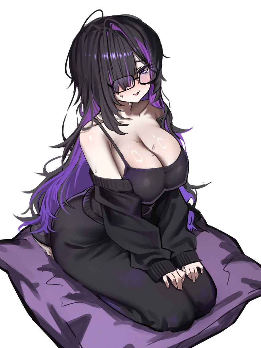 1girl, absurdres, ahoge, bare_shoulders, black-framed_eyewear, black_cardigan, black_dress, black_hair