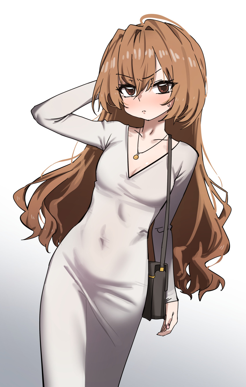 1girl, absurdres, aisaka_taiga, alternate_costume, arm_at_side, arm_behind_head, arm_up, bag