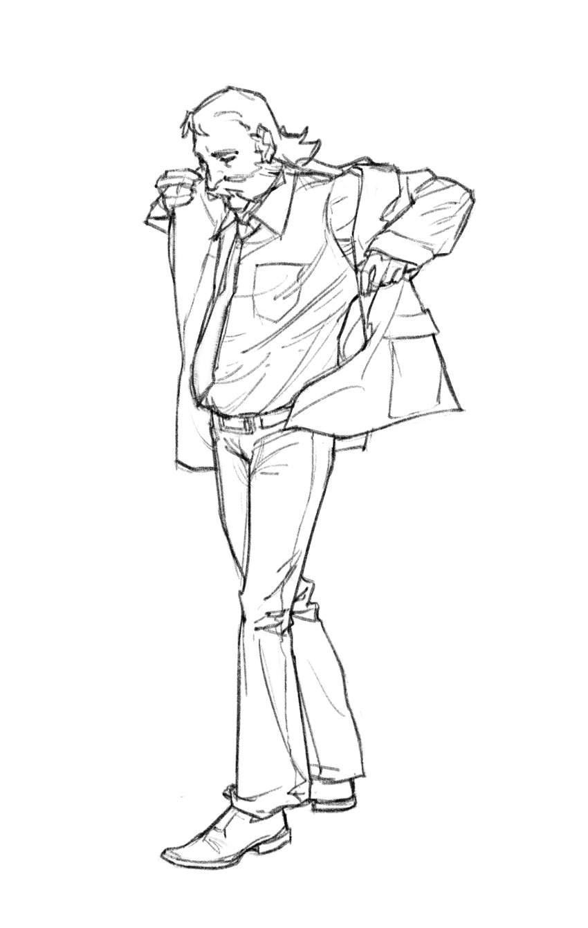 1boy, belly, belt, blazer, collared_shirt, disco_elysium, dressing, facial_hair