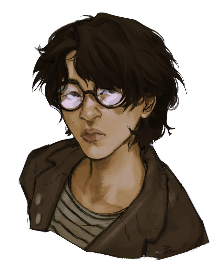 1boy, aged_down, alternate_costume, black_eyes, black_hair, brown_jacket, disco_elysium, expressionless