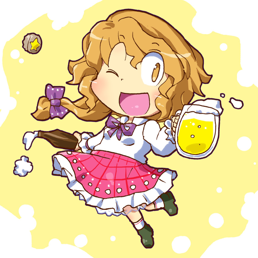 1girl, alcohol, beer, beer_mug, beerko, blonde_hair, boots, bottle_cap, cup, female_focus, gomi_ichigo, hair_ribbon, highres, lace, mug, one_eye_closed, original, ribbon, shirt, skirt, socks, solo, white_shirt, white_socks, wink, yellow_eyes
