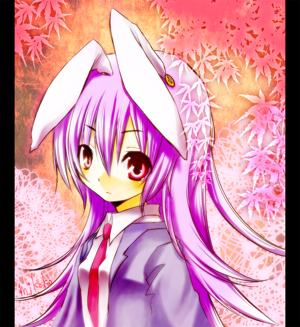 1girl, animal_ears, bad_id, bad_pixiv_id, between_breasts, breasts, buttons, female_focus, long_hair, mikoko_(mg2), necktie, purple_hair, rabbit_ears, red_eyes, red_necktie, reisen_udongein_inaba, solo, touhou