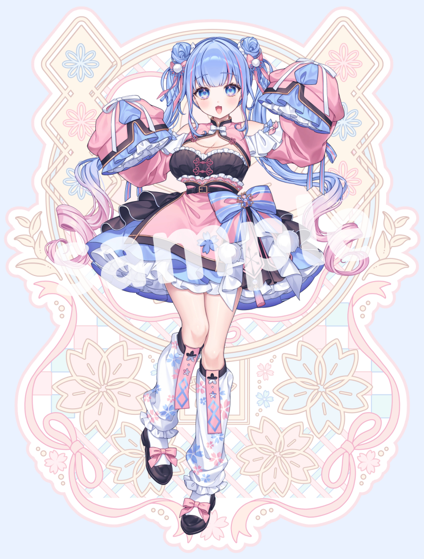 1girl, :d, aoi_sakura_(japanese_vtuber), black_shoes, blue_eyes, bow, breasts, cleavage