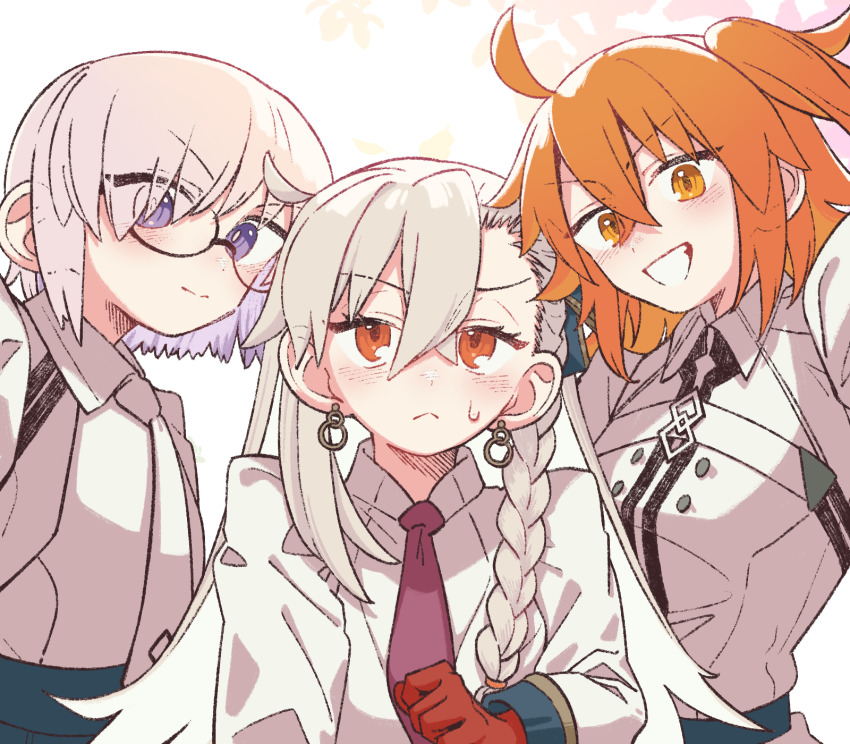 3girls, ahoge, asymmetrical_bangs, blush, braid, breasts, chaldea_logo, chaldea_uniform