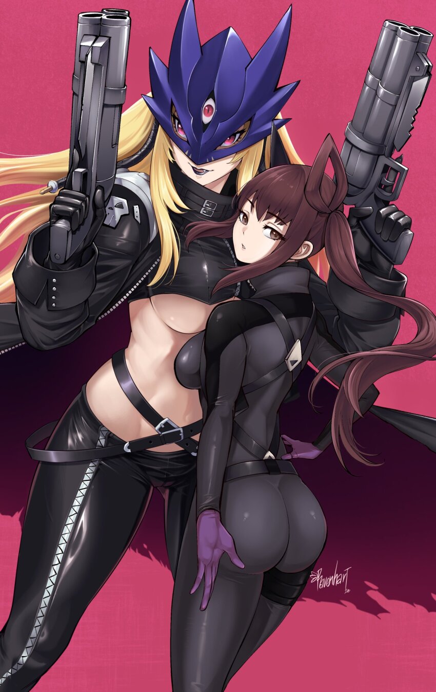 2girls, ass, beelstarmon, belt, black_belt, black_bodysuit, black_coat, black_lips, black_pants, black_vest, blonde_hair, blue_mask, bodysuit, breast_on_breast, breasts, brown_eyes, brown_hair, catsuit, coat, commentary, cropped_vest, digimon, digimon_(creature), digimon_story:_time_stranger, dual_wielding, eye_mask, gloves, gun, highres, holding, holding_gun, holding_weapon, large_breasts, long_hair, mask, medium_breasts, midriff, multiple_girls, open_clothes, pants, purple_eyes, purple_gloves, ravenhart, red_background, red_eyes, shiroki_asuna, side_ponytail, signature, simple_background, third_eye, trigger_discipline, underboob, vest, weapon