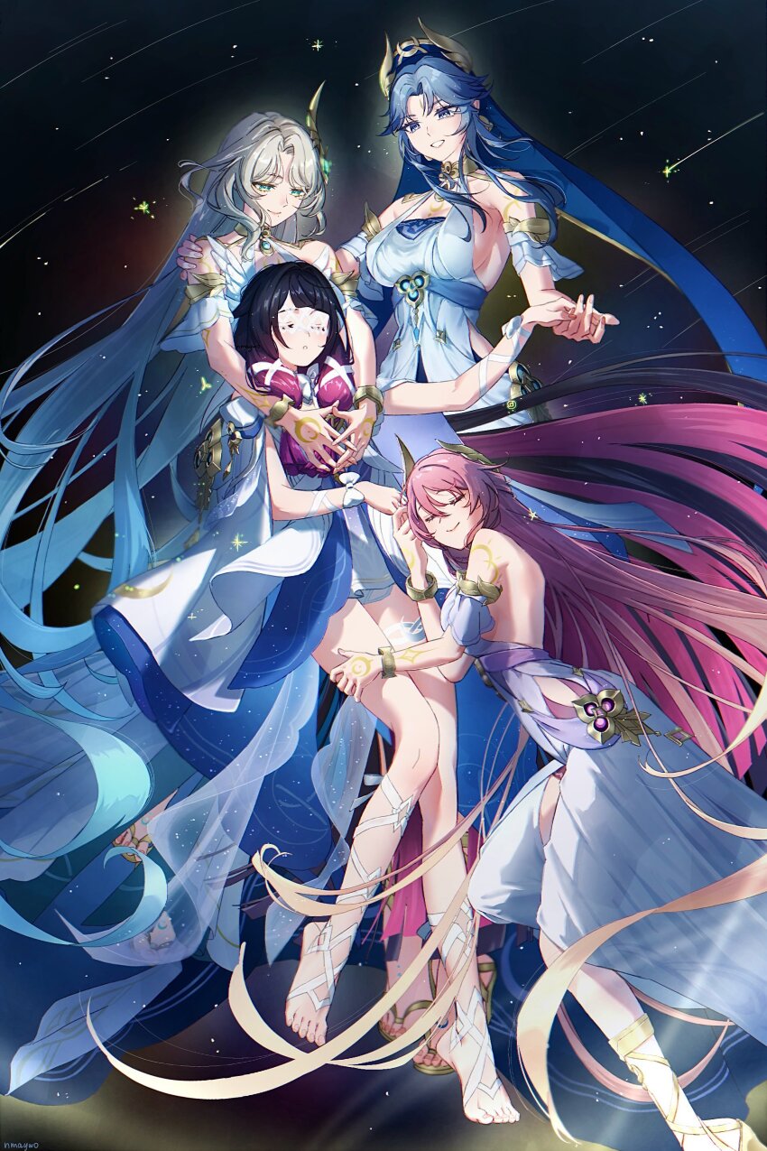 4girls, absurdres, aria_(genshin_impact), arms_around_neck, artist_name, bare_shoulders, barefoot, black_hair