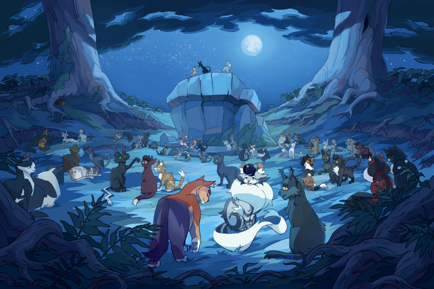 absolutely_everyone, absurdres, acorn_fur, alder_(warrior_cats), animal, animal_focus, birch_(warrior_cats), black_cat, blossom_(warrior_cats), calico_(pattern), calico_cat, cat, cloud_spots, clover_(warrior_cats), commentary, croak_(warrior_cats), dappled_pelt, dawn_mist, dawn_of_the_clans, dew_(warrior_cats), dew_nose_(dawn_of_the_clans), drizzle_(warrior_cats), dust_muzzle, eagle_feather_(warrior_cats), ember_(warrior_cats), english_commentary, everyone, fern, fern_tail, fourtrees_(warrior_cats), full_moon, gorse_fur, gray_wing_(warrior_cats), grey_cat, highres, hollow_(warrior_cats), holly_(warrior_cats), in-universe_location, jagged_peak, juniper_branch, leaf_(warrior_cats), lightning_tail, milkweed_(warrior_cats), mist_(warrior_cats), moon, moss_tail, moth_flight, mouse_ear_(warrior_cats), mud_paws, nature, nettle_(warrior_cats), nifty-senpai, night, night_(warrior_cats), no_humans, orange_cat, owl_eyes, pebble_heart, pine_needle_(warrior_cats), pink_eyes_(warrior_cats), quick_water, raven_pelt, red_claw_(warrior_cats), reed_tail, riverstar, rock, scene_reference, scenery, shadowstar, shattered_ice, sitting, sky, skystar_(warrior_cats), slice_of_life, sparrow_fur, storm_pelt, sun_shadow, swift_minnow, tabby_cat, thistle_(warrior_cats), thorn_(warrior_cats), thunderstar, tree, tuxedo_cat, violet_dawn, warrior_cats, white_cat, wide_shot, willow_tail, windstar