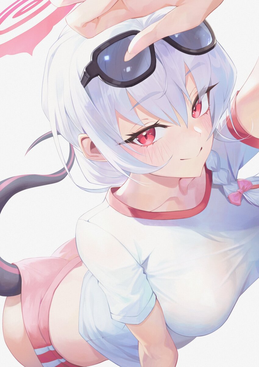 1girl, ass, black_tail, black_wings, blue_archive, braid, buruma, closed_mouth