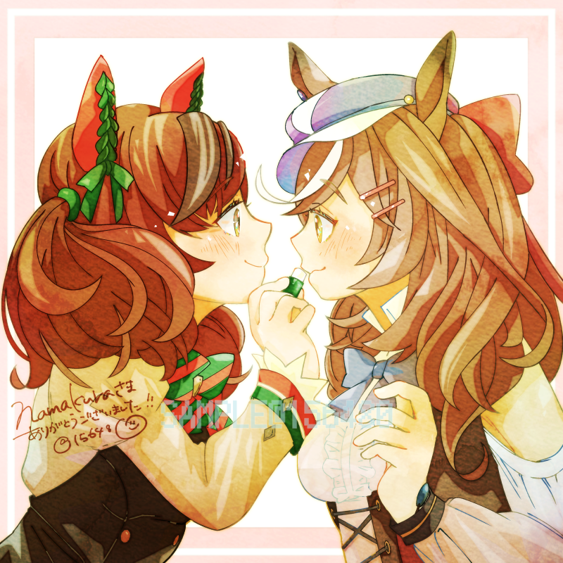 2girls, animal_ears, applying_lipstick, applying_makeup, black_dress, blue_hat, blush, bow