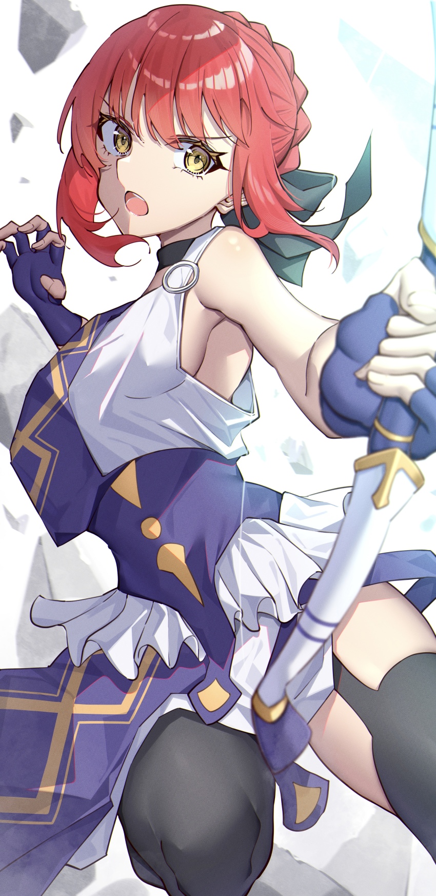 1girl, absurdres, ancient_greek_clothes, bare_shoulders, black_thighhighs, bow_(weapon), braid, breasts, bun_with_braided_base, commentary_request, fate/strange_fake, fate_(series), fingerless_gloves, garter_straps, gloves, goddess_of_war_(fate), greco-roman_clothes, hair_bun, highres, hippolyta_(fate), holding, holding_bow_(weapon), holding_weapon, looking_at_viewer, open_mouth, red_hair, sideboob, simple_background, solo, stola, thighhighs, toukan, weapon, white_background, yellow_eyes