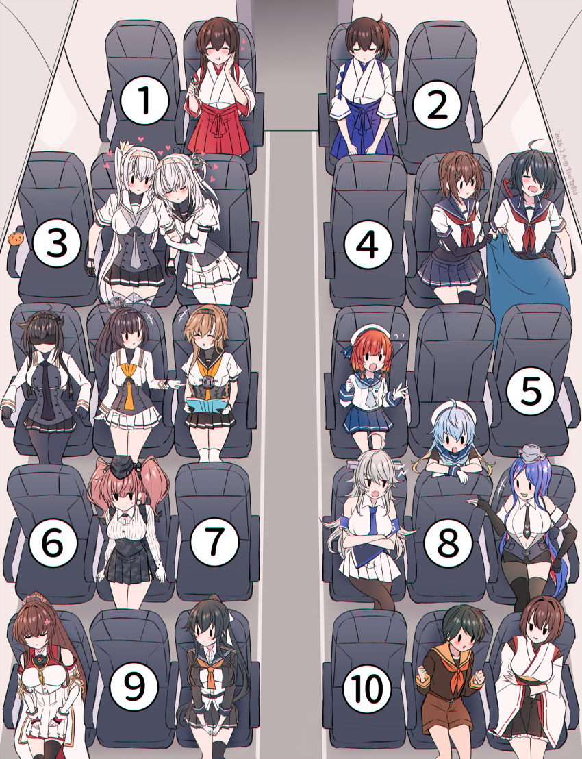 6+girls, ahoge, airplane_interior, akagi_(kancolle), akizuki_(kancolle), akizuki_kai_ni_(kancolle), atlanta_(kancolle), black_skirt, blue_skirt, chair, commentary_request, eating, etorofu_(kancolle), from_above, furutaka_(kancolle), furutaka_kai_ni_(kancolle), fuyutsuki_(kancolle), hakama, hakama_skirt, hatsuzuki_(kancolle), hatsuzuki_kai_ni_(kancolle), highres, hyuuga_(kancolle), hyuuga_kai_ni_(kancolle), japanese_clothes, kabocha_torute, kaga_(kancolle), kako_(kancolle), kako_kai_ni_(kancolle), kantai_collection, long_hair, meme, mogami_(kancolle), mogami_kai_ni_(kancolle), multiple_girls, numbered, sado_(kancolle), school_uniform, serafuku, short_hair, skirt, sleeping, south_dakota_(kancolle), suzutsuki_(kancolle), teruzuki_(kancolle), washington_(kancolle), where_are_you_sitting_(meme), yahagi_(kancolle), yahagi_kai_ni_(kancolle), yamato_(kancolle), yamato_kai_ni_(kancolle), yuri