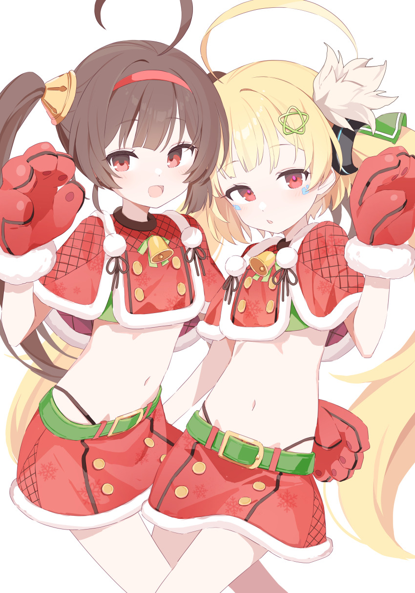 2girls, :d, absurdres, adapted_costume, ahoge, alternate_costume, animal_hands, azur_lane, bell, belt, bikini, blonde_hair, blush, brown_hair, buttons, capelet, commentary_request, cosplay, eldridge_(azur_lane), eldridge_(azur_lane)_(cosplay), eldridge_(holy_night's_embrace)_(azur_lane), fur-trimmed_capelet, fur-trimmed_gloves, fur-trimmed_skirt, fur_trim, gloves, green_belt, hair_ornament, hand_up, highleg, highleg_bikini, highres, jingle_bell, long_hair, looking_at_viewer, midriff, multiple_girls, navel, official_alternate_costume, open_mouth, parted_lips, paw_gloves, pencil_skirt, pentagram, pentagram_hair_ornament, ping_hai_(azur_lane), pom_pom_(clothes), red_capelet, red_eyes, red_gloves, red_skirt, simple_background, skirt, smile, star_(symbol), star_hair_ornament, swimsuit, twintails, urotsuki_(ku9625), white_background