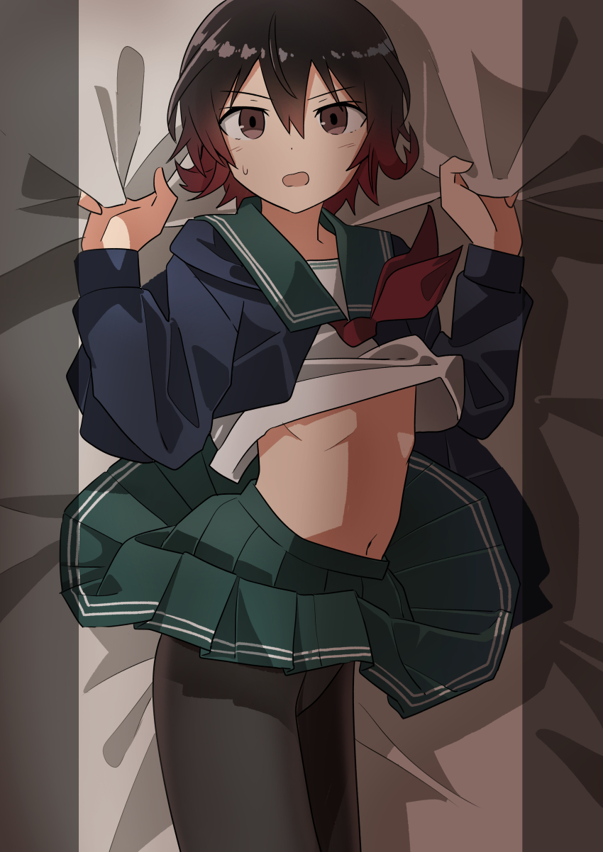 1girl, absurdres, bed, blue_jacket, blush, brown_hair, commentary_request, crescent