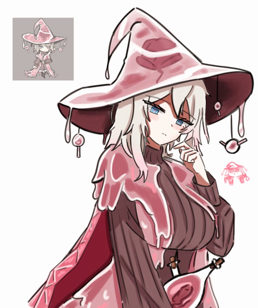1girl, blue_eyes, breasts, brown_sweater, commentary_request, faust_(project_moon), grey_hair, hair_between_eyes, hat, highres, hjhjb47, large_breasts, limbus_company, looking_at_viewer, medium_hair, project_moon, simple_background, slime_(creature), sweater, white_background, witch_hat