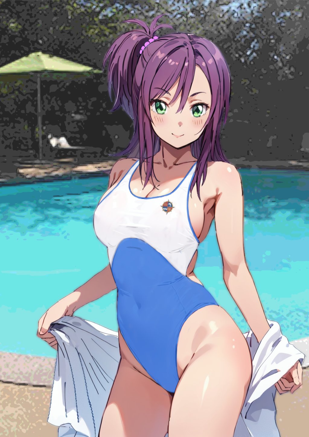 1girl, beach_umbrella, breasts, cleavage, commentary_request, green_eyes, high_school_fleet, highleg