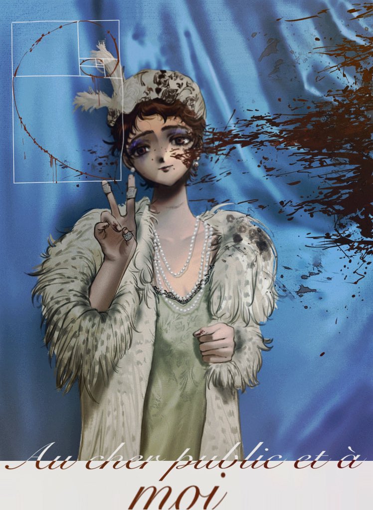 1girl, bandaid, bead_necklace, beads, black_nails, blood, blood_splatter, blue_background