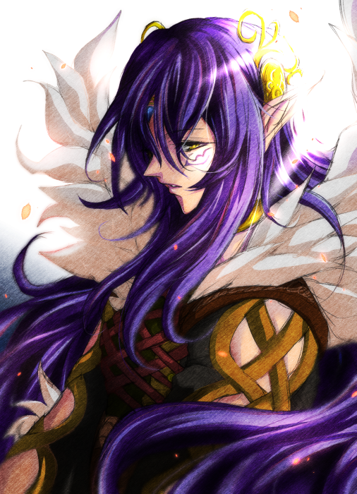 1girl, black_dress, circlet, commentary, dark_queen_(sonic), dress, facial_mark, feather-trimmed_dress, feather-trimmed_sleeves, gold_choker, hair_between_eyes, jewelry, long_hair, long_sleeves, looking_at_viewer, merlina_(sonic), neck_ring, open_mouth, petals, pointy_ears, purple_hair, solo, sonic_(series), sonic_and_the_black_knight, t_akiko, very_long_hair, white_background, yellow_eyes