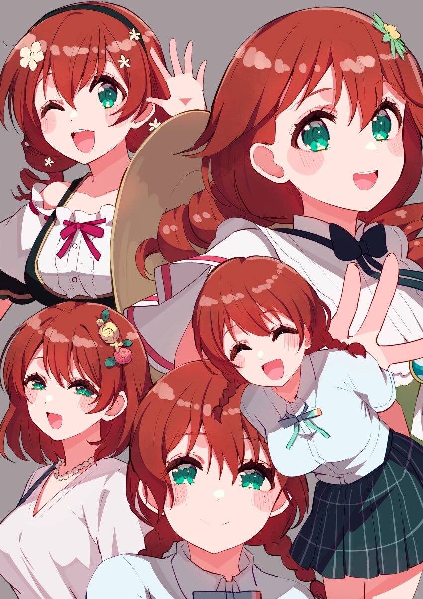 1girl, :d, absurdres, black_bow, black_bowtie, blue_shirt, bow, bowtie