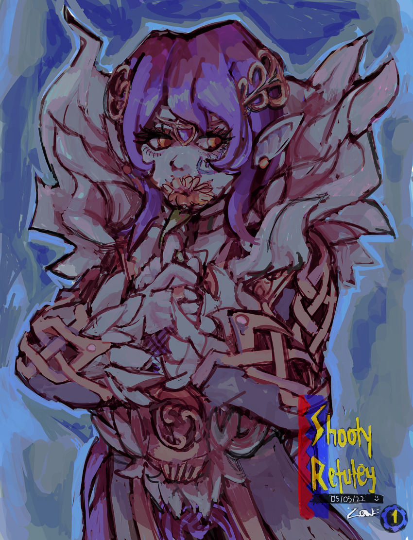 1girl, blue_background, bonelessbastion, choker, circlet, coat, commentary, covered_mouth